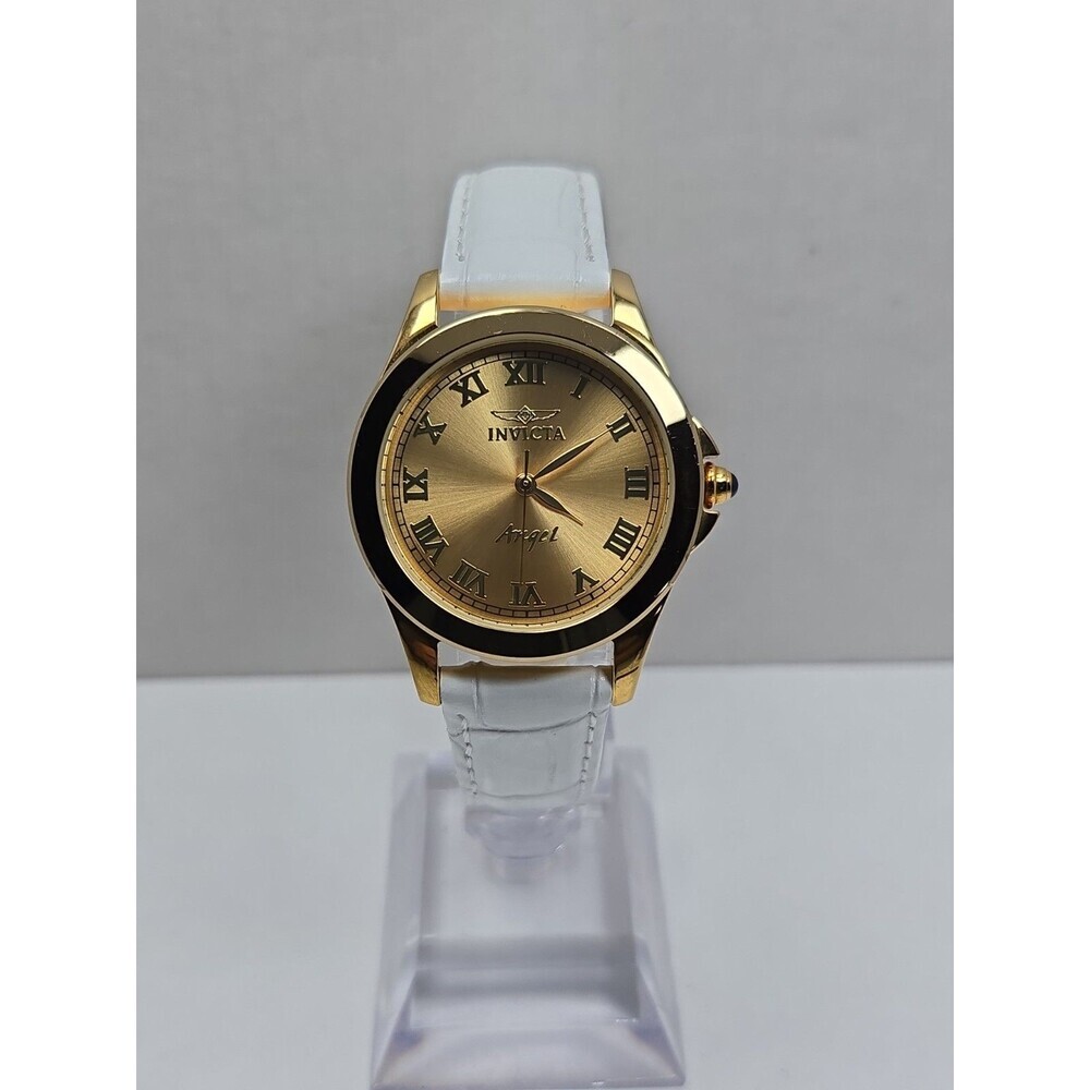 Womens Invicta Angel Gold Dial White Leather Strap Quartz Watch 34mm New Battery